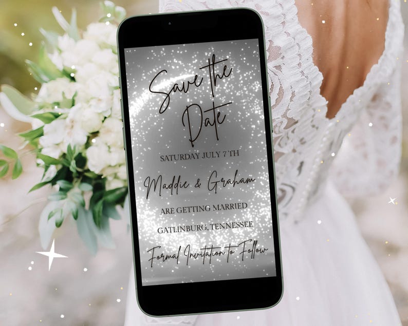 Editable Save the Date Wedding Invitation- Animated Video- Silver Wedding Invite w/ Sparkles- Digital Text Message Invite- Wedding Day