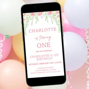 1st Birthday Party Einladung Rosa w / Blumen-Digitale Geburtstags-Einladung für Mädchen-Süße Telefon-Party-Einladung-Mädchen 1.Geburtstags-Einladung Niedlich