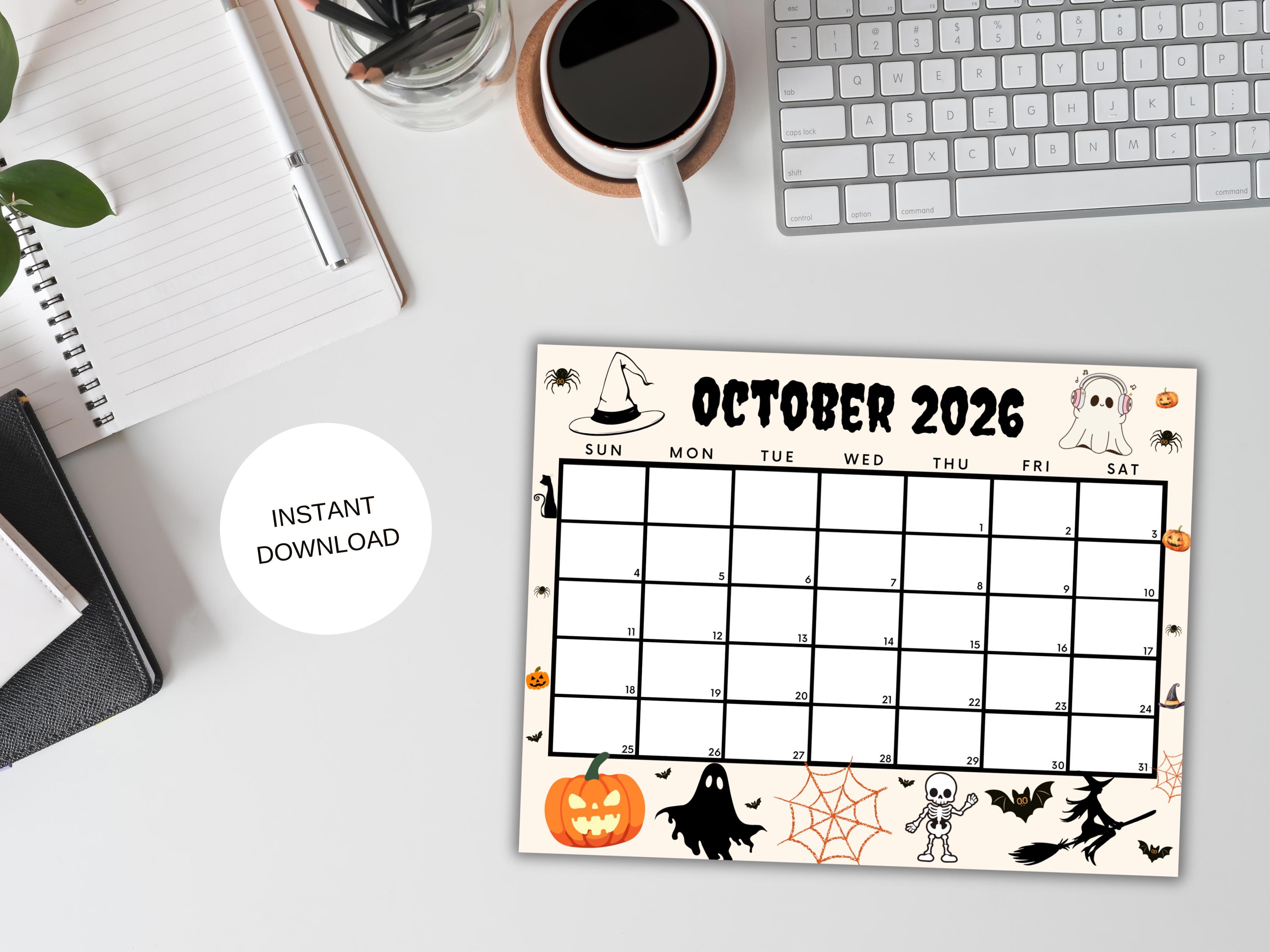 Editable October 2026 Calendar, Printable Calendar W/ Halloween ...