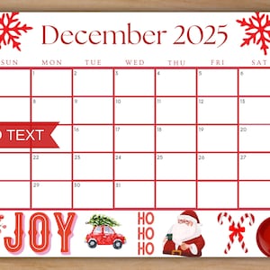 Editable December 2025 Calendar, Printable Calendar w/ Christmas Joy, Monthly Planner, Cute Red Christmas Calendar, Kids School Schedule