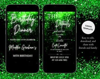 Linda invitación digital para cena de cumpleaños con brillo, video animado de invitación de cumpleaños - Invitación digital, invitación para fiesta con brillo verde