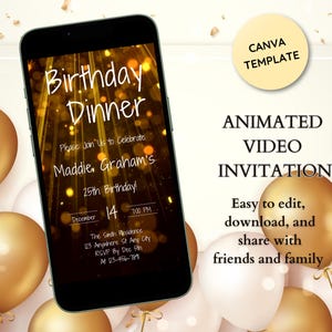 Gold Birthday Dinner Invitation- Digital Invite Any Age- Animated Video- Birthday Invite- Digital Invitation- Party invite w/ Gold Sparkle
