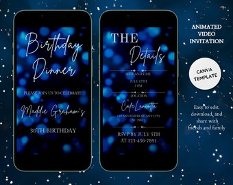 Pode incluir: Um convite animado em vídeo azul e branco para um jantar de aniversário. O convite apresenta um fundo desfocado de luzes azuis e o texto "Birthday Dinner" e "Maddie Graham's 30th Birthday". Os detalhes do evento estão listados no lado direito do convite, incluindo a data, a hora, o local e as informações de RSVP.