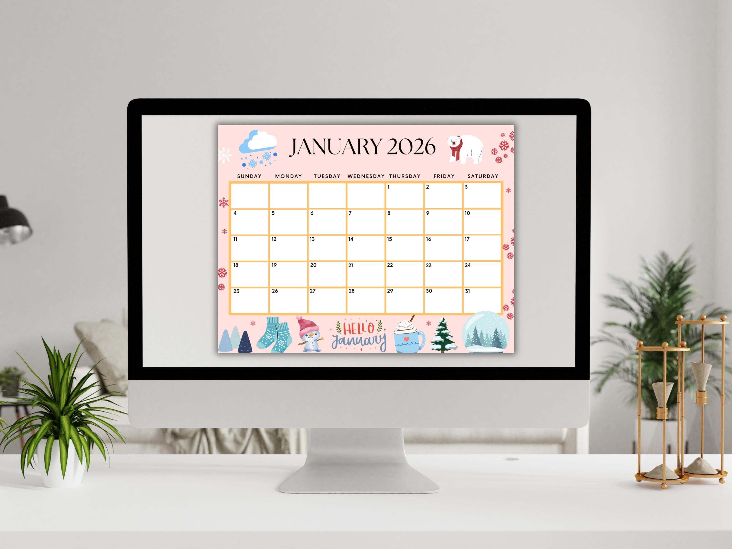 Fillable Savable Calendar Editable 2026 Calendars- Printable January Calendar Cute Fillable Whole ...