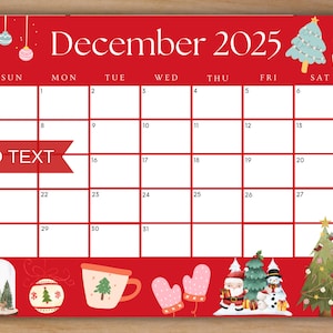 Editable December 2025 Calendar, Printable Calendar w/ Christmas Tree, Monthly Planner, Cute Red Christmas Calendar, Kids School Schedule