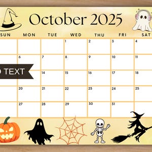 Editable October 2025 Calendar, Printable Halloween Calendar Yellow w/ Pumpkins, Monthly Planner, Cute Kids Calendar for Halloween Fun