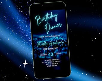 Pode incluir: Um convite digital azul e preto para um jantar de aniversário de 21 anos. O convite apresenta um fundo de céu estrelado com o texto "Birthday Dinner" em letras azuis neon. O convite inclui a data, a hora, o local e as informações de RSVP.