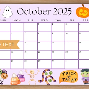 Editable October 2025 Calendar, Printable Cute Halloween Calendar w/ Pretty Pumpkins, Monthly Planner, Homeschool Calendar for Kids