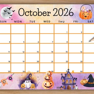 Bewerkbare kalender oktober 2026, afdrukbare Halloween-kalender met BOO Trick or Treat maandelijkse planner, academische planner, schoolschema voor kinderen