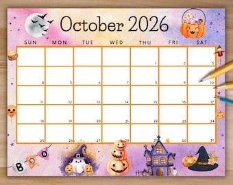 Calendario editable de octubre de 2026, calendario imprimible de Halloween con planificador mensual de truco o trato, planificador académico y horario escolar para niños.