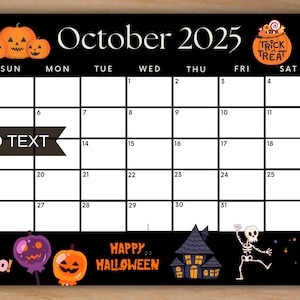Editable October 2025 Calendar, Printable Scary Halloween Calendar w/ Pumpkins, Monthly Planner, Cute Calendar for Kids, Fall Calendar
