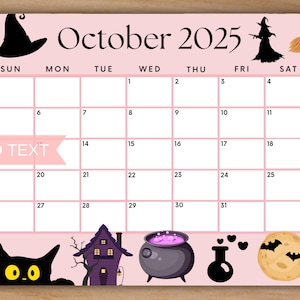 Editable October 2025 Calendar, Printable Scary Halloween Calendar w/ Witches and Black Cat, Monthly Planner, Cute Calendar, Fall Calendar