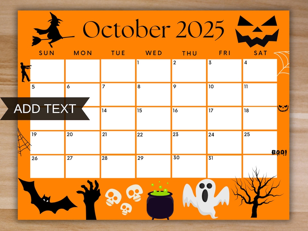 Editable October 2025 Calendar, Printable Halloween Calendar Orange W ...