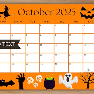 Editable October 2025 Calendar, Printable Halloween Calendar Orange w/ Ghost and Witch, Monthly Planner, Kids Work Home Office Planner