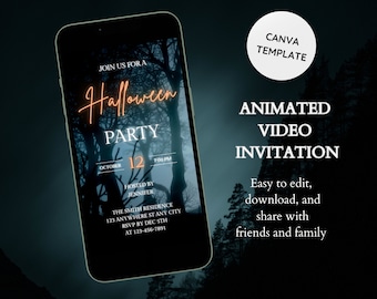 May include: A smartphone displays a Halloween party invitation. The design features an orange neon font against a dark, misty forest backdrop. The invitation includes the date, time, and RSVP information. A Canva template is available.