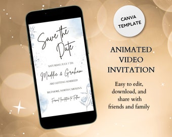 Save the Date Digital Wedding Invitation- Animated Video Wedding Invite- Elegant Blue Text Message Invite for Wedding Day- Digital Invite