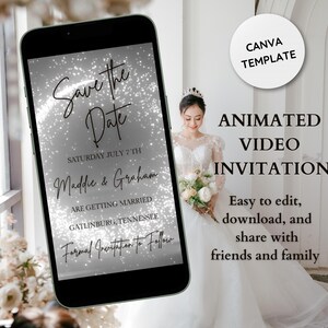 Editable Save the Date Wedding Invitation- Animated Video- Silver Wedding Invite w/ Sparkles- Digital Text Message Invite- Wedding Day
