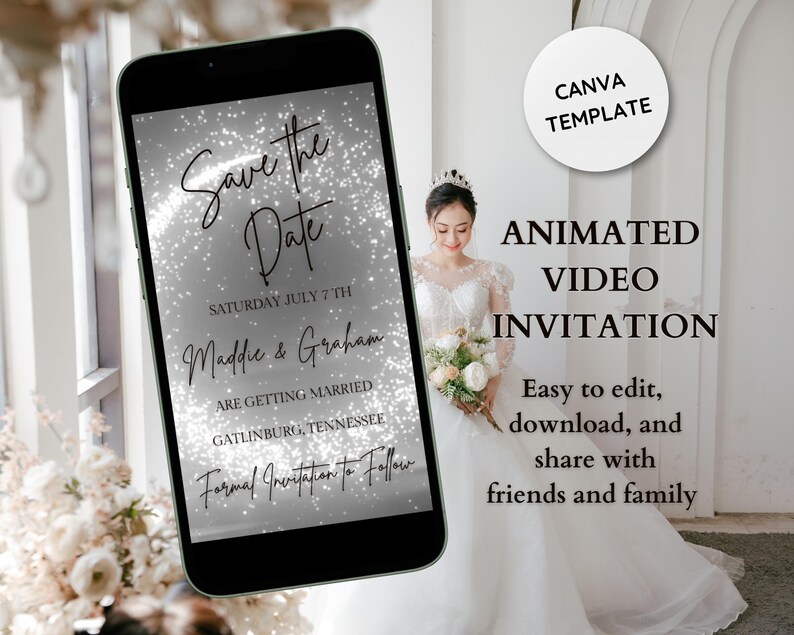 Editable Save the Date Wedding Invitation- Animated Video- Silver Wedding Invite w/ Sparkles- Digital Text Message Invite- Wedding Day