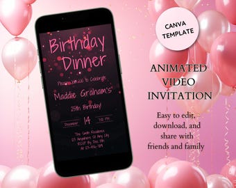 Rosa Geburtstagsessen-Einladung Digital einladen für jedes Alter - Animierter Video-Geburtstag einladen - Digitale Einladungsparty laden niedliches rosa Design ein