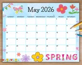 Editable May 2026 Calendar, Blue Printable Calendar w/ Flowers, Homeschool Calendar, Monthly Planner For Springtime Home Work Office