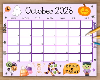 Calendario editable de octubre de 2026, calendario imprimible de Halloween con una bonita calabaza, planificador mensual, calendario para niños para la educación en casa.