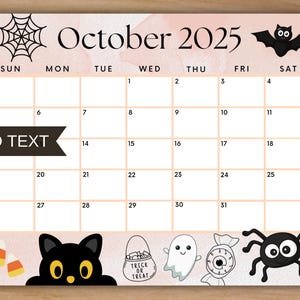 Editable October 2025 Calendar, Printable Cute Halloween Calendar w/ Trick or Treat, Monthly Planner, Kids School Schedule, Fall Calendar