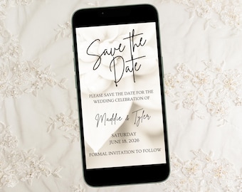 Editable Save the Date Digital Wedding Invitation- Elegant White Wedding Invite- Phone Invitation w/ Wedding Day Digital Invite Beautiful