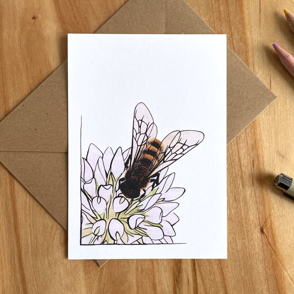 Postkarte – Biene in Aquarellfarben | A6 Karte / Druck als Geburtstagskarte, Grußkarte, Dankeskarte | Motiv mit Biene, Blüte, Wiese, Sommer