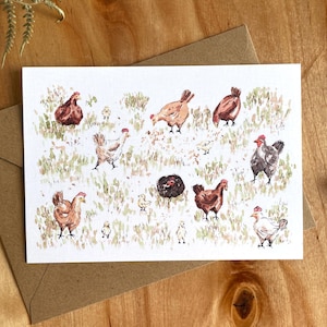 Ab 2,30 Euro: Postkarte – Hühner in Aquarellfarben | A6 Karte zu Ostern, als Geburtstagskarte | Motiv / Zeichnung mit Küken, Bauernhoftieren