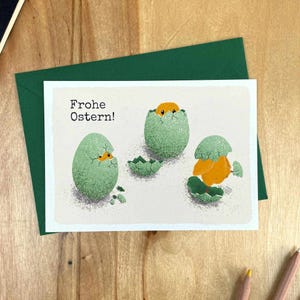 Ab 2,30 Euro: Osterkarte mit Küken | A6 Postkarte mit Osterküken | Frohe Ostern - Karte / Grußkarte für Ostergrüße auf Deutsch oder Englisch