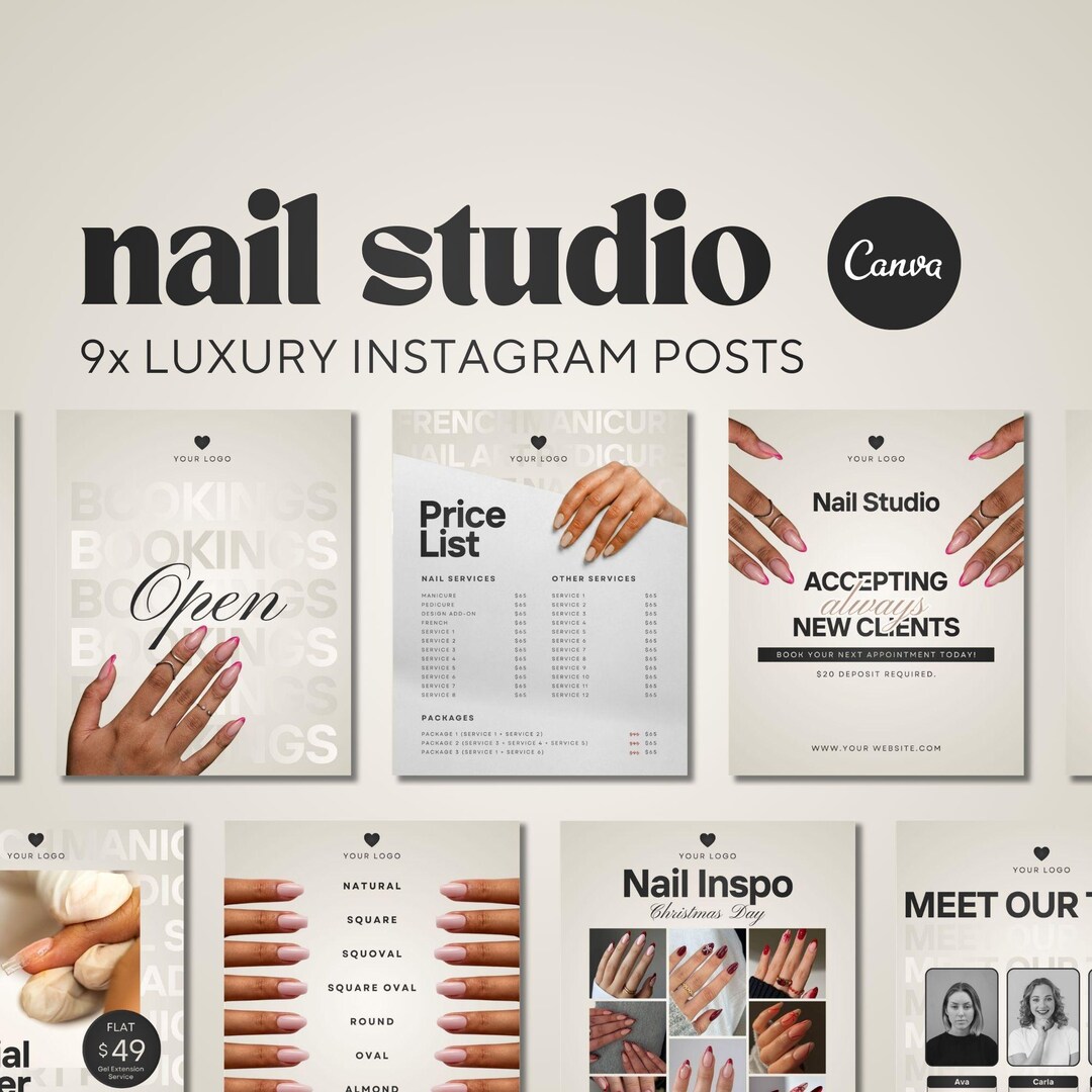 Beige Nail Salon Instagram Post Templates: 9x Nail Tech Social Media ...