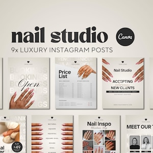 Beige Nail Salon Instagram Post Templates: 9x Nail Tech Social Media Essentials (Canva Editable)