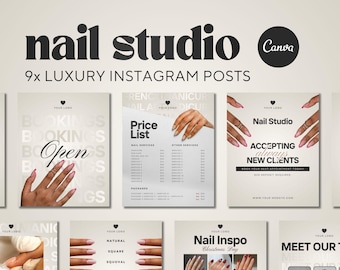 Plantillas de publicaciones de Instagram para salones de uñas en tonos beige: 9 elementos esenciales para redes sociales de técnicos de uñas (editables en Canva)