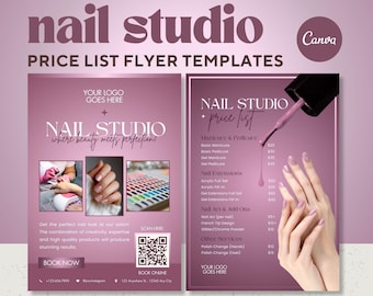 Plantilla de volante para salón de uñas rosa con lista de precios, manicura y pedicura, editable en Canva.