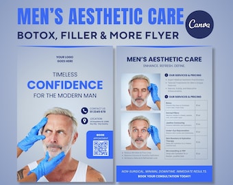 Folleto de lista de precios de bótox y rellenos para hombres: Plantilla Canva para Med Spa
