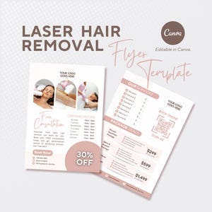 Op de afbeelding: Een roze en witte flyer-sjabloon voor een laser-haarverwijderingsbedrijf. De flyer bevat een gratis consultatie-aanbieding, openingstijden, pakketdeals en een QR-code om online te boeken. De tekst op de flyer luidt "Laser-haarverwijdering Flyer Template", "Gratis consultatie", "Openingstijden", "Onze diensten", "Pakketdeals", "Online boeken", "Scan mij" en "30% korting".