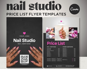 Plantilla de volante para salón de uñas en rosa y negro/lista de precios, manicura y pedicura, editable en Canva