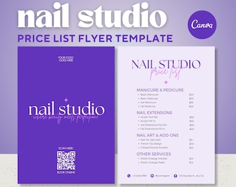 Folleto de lista de precios de salón de uñas morado / Plantilla editable de Canva