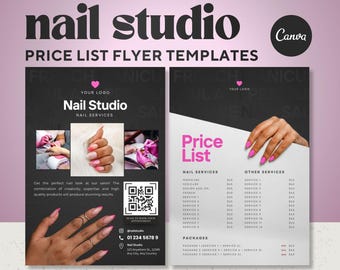 Plantilla de volante para salón de uñas rosa y negro (lista de precios, manicura y pedicura) editable en Canva.