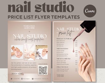 Folleto de lista de precios de salón de uñas / Beige, Diseño de uñas, Manicura (Plantilla Canva)