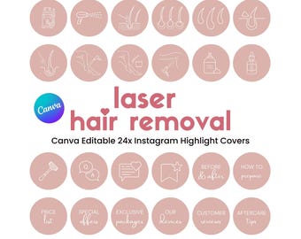 Portadas destacadas de Instagram para depilación láser: 24 íconos rosas (Canva editable)