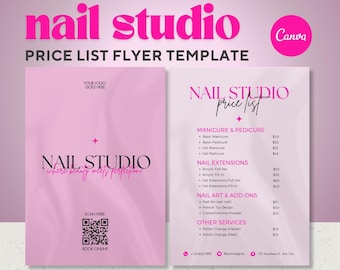 Folleto de lista de precios de salón de uñas rosa: Plantilla editable de Canva