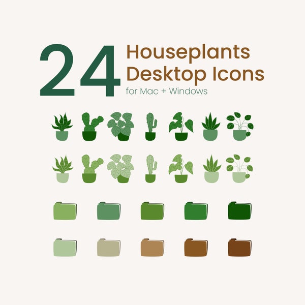 Houseplants Desktop Folders - Aesthetic botanical folders Icons for Mac & Windows | Cute plants neutral green brown color desktop organizer