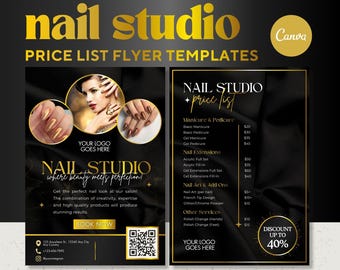 Plantilla de volante con lista de precios para salón de uñas de lujo (dorado y negro), editable en Canva