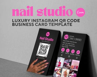 Plantilla de tarjeta de presentación con código QR de Instagram para profesionales de uñas (Canva editable)