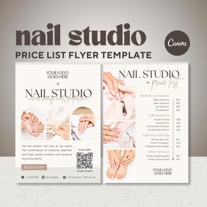 Può includere: Un volantino per un salone di manicure chiamato "Nail Studio" con un listino prezzi per servizi come manicure, pedicure, extensioni unghie e nail art. Il volantino presenta uno schema di colori rosa e bianco con immagini di mani e piedi che ricevono trattamenti di manicure. Il testo "dove la bellezza incontra la perfezione" è incluso sul volantino.
