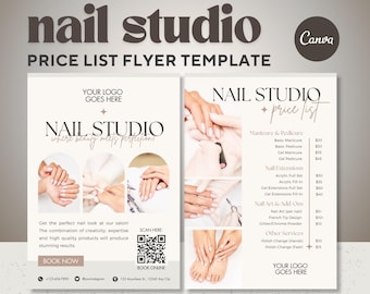 Plantilla de volante con lista de precios para salón de uñas / Beige minimalista, editable en Canva