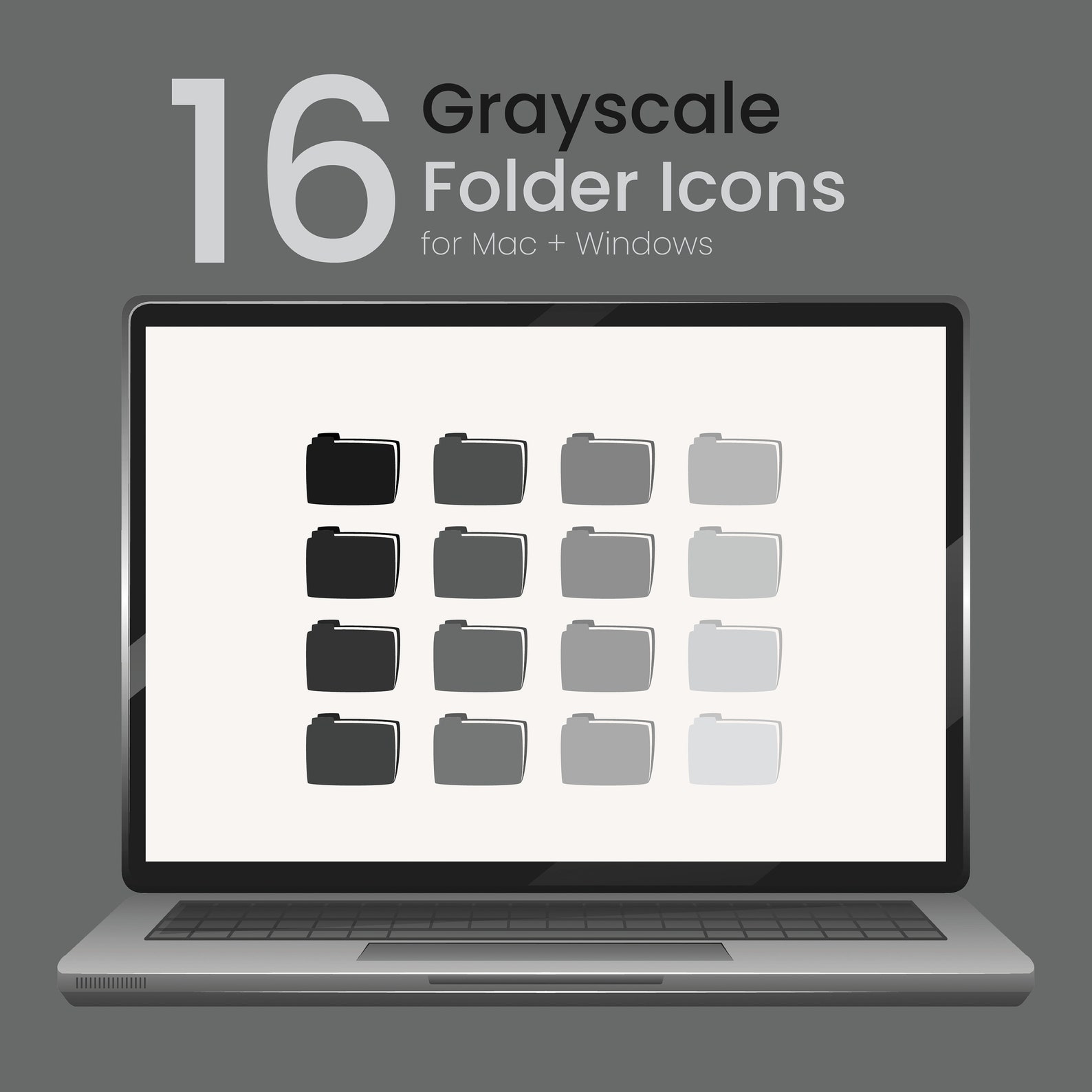 Grayscale Desktop Icons - Set of 16 Folder, File, and Round Icons in ...