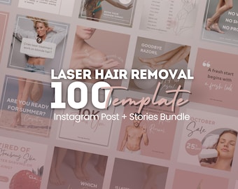 Plantillas para redes sociales de depilación láser: Diseños de Canva en rosa (descarga digital)