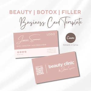 Botox - Szablon wizytówki wypełniacza skórnego - Różowy estetyczny nowoczesny design, pielęgniarka wstrzykiwacz i klinika kosmetyczna, Canva Edytowalny / Dostosowywalny
